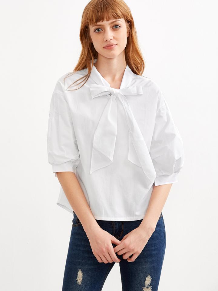 Shein White Bow Tie Neck Elbow Sleeve Blouse