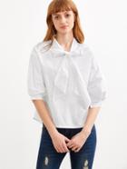 Shein White Bow Tie Neck Elbow Sleeve Blouse