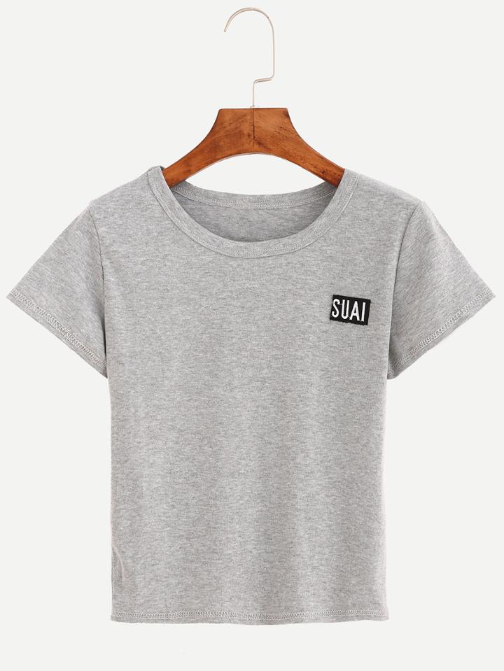 Shein Letter Embroidered Crop T-shirt - Grey