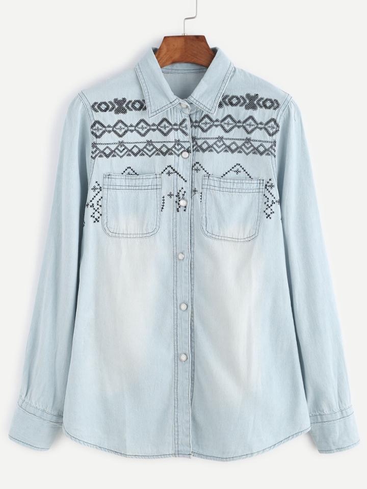Shein Light Blue Embroidery Pocket Denim Blouse