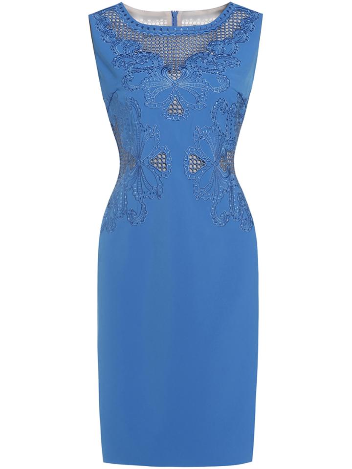 Shein Blue Crew Neck Embroidered Mesh Sheath Dress
