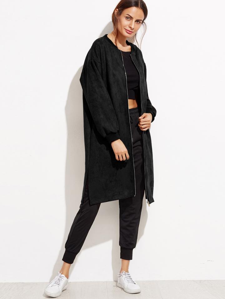 Shein Black Drop Shoulder Slit Side Suede Coat