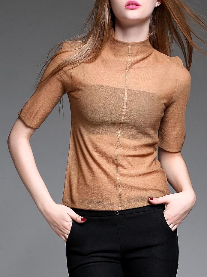 Shein Khaki Collar Sheer Knit Blouse