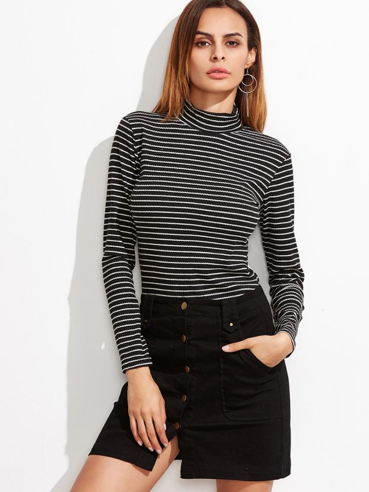 Shein Black Pinstripes High Neck Ribbed T-shirt