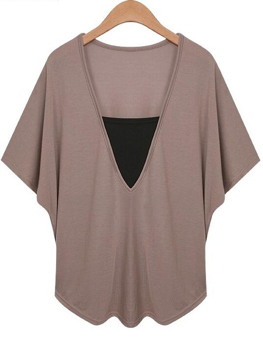 Shein Khaki V Neck Bat Sleeve Plus T-shirt