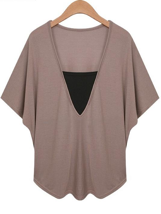 Shein Khaki V Neck Bat Sleeve Plus T-shirt