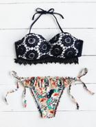 Shein Frill Trim Lace Crochet Detail Bustier Bikini Set