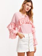 Shein Pink Tie Neck Layered Ruffle Sleeve Top