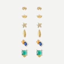 Shein Crown & Leaf Design Stud Earrings 6pairs