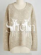 Shein Apricot Round Neck Deer Print Sweater