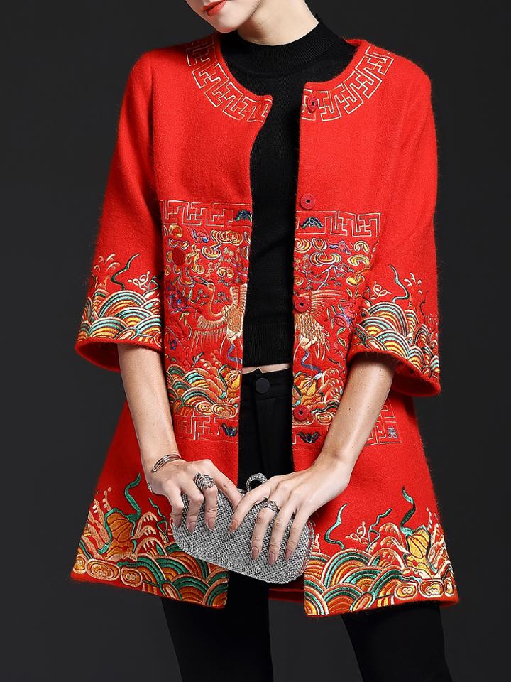 Shein Red Vintage Embroidered Pockets Coat