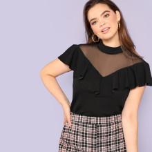 Shein Plus Mesh Insert V Neck Ruffle Blouse