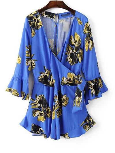 Shein Blue Bell Sleeve Flower Printed Bow Jumpsuit