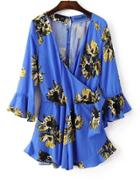 Shein Blue Bell Sleeve Flower Printed Bow Jumpsuit