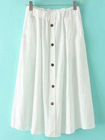 Shein White Elastic Waist Button Front Pleated Skirt