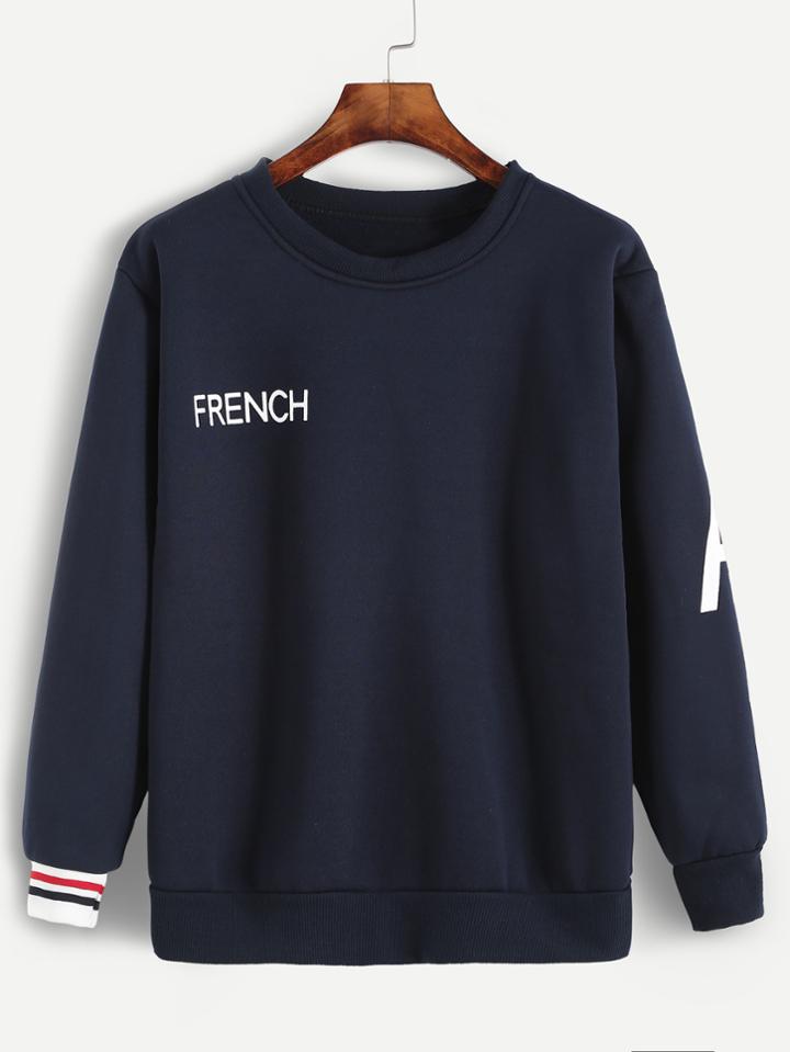 Shein Navy Letter Print Striped Trim Sweatshirt