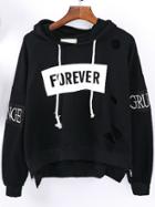 Shein Black Hooded Letters Embroidered Hollow Sweatshirt