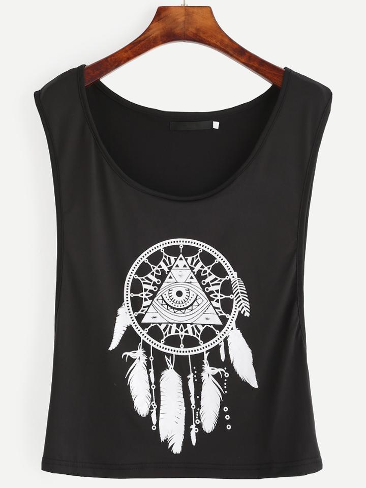 Shein Black Tribal Print Sleeveless Top