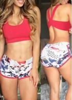 Rosewe Red Crop Top And Printed Shorts Swimwear Set