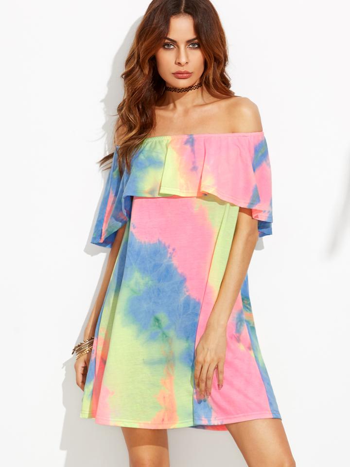 Shein Tie-dye Off The Shoulder Ruffle Shift Dress