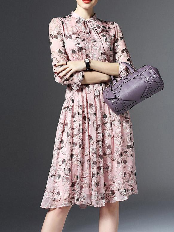 Shein Tie Collar Print Chiffon Pleated Dress