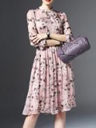 Shein Tie Collar Print Chiffon Pleated Dress