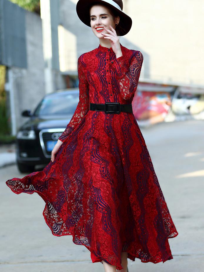 Shein Red Round Neck Long Sleeve Drawstring Lace Dress