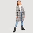 Shein Girls Pocket Front Double Breasted Plaid Coat