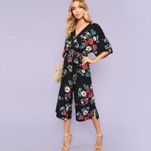 Shein Split Side Floral Culotte Jumpsuit With Belt