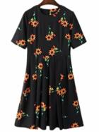 Shein Black Short Sleeve Sunflower Print Pleated Dress