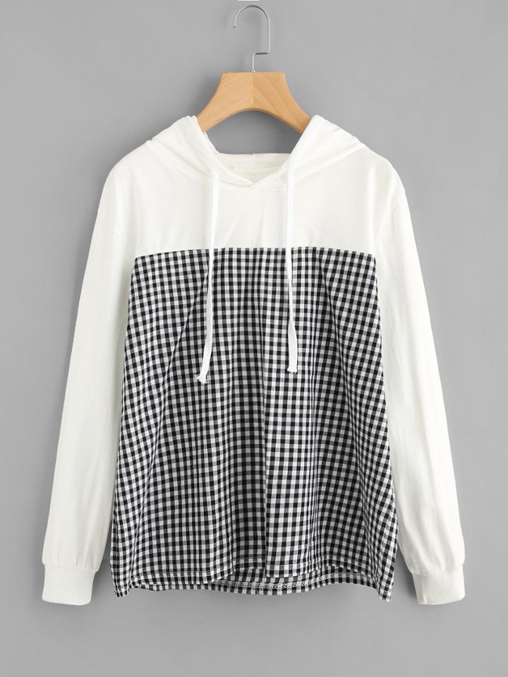 Shein Contrast Gingham Hooded Drawstring Sweatshirt