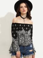 Shein Black Off The Shoulder Bell Sleeve Vintage Print Top