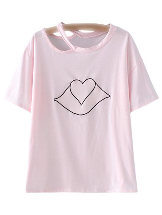 Shein Pink Round Neck Cut Out Lip Heart Print T-shirt
