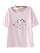 Shein Pink Round Neck Cut Out Lip Heart Print T-shirt