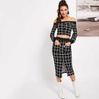 Shein Grid Crop Top And Button Front Skirt Set