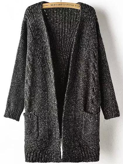 Shein Black Long Sleeve Pockets Cable Knit Sweater Coat