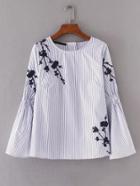 Shein Embroidery Flower Shirred Detail Striped Blouse