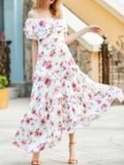 Shein White Off The Shoulder Ruffle Print Maxi Dress