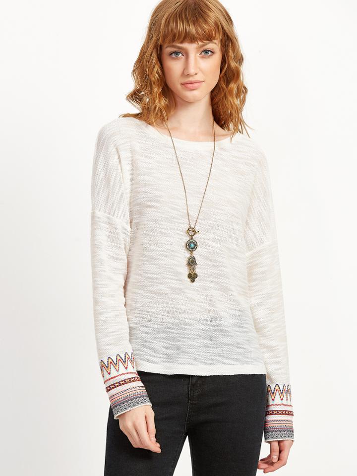 Shein White Drop Shoulder Tribal Pattern Cuff Slub Sweater