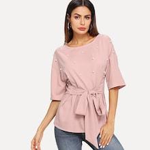 Shein Pearl Embellished Knot Front Top