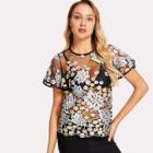 Shein Floral Embroidered Flutter Sleeve Sheer Mesh Top Without Bra