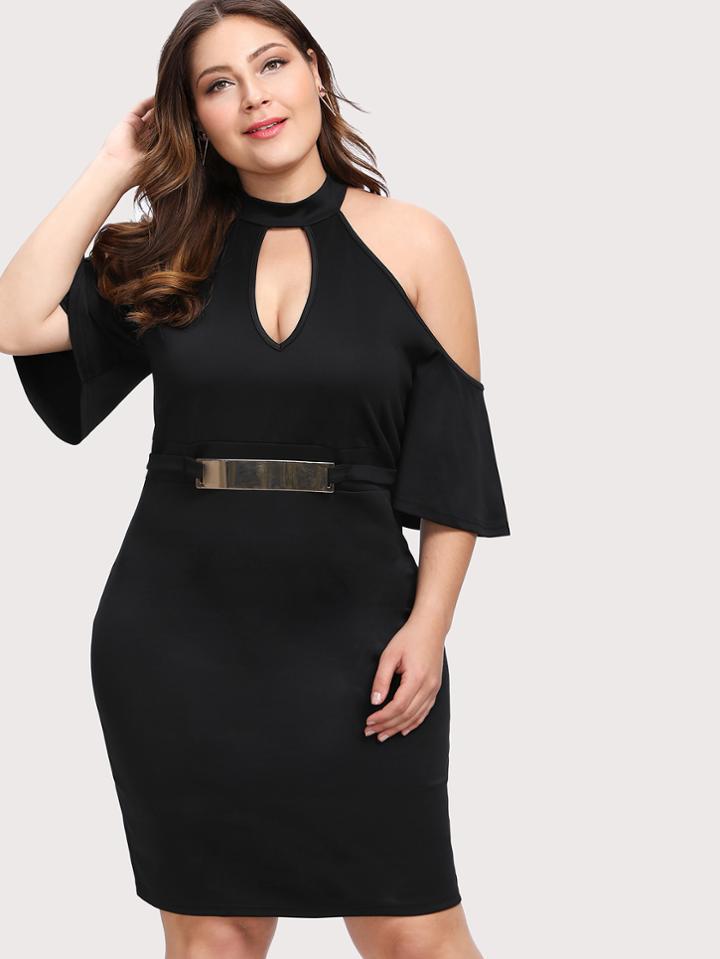 Shein Keyhole Front Open Shoulder Metal Embellished Dress