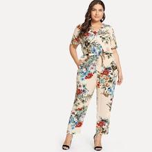 Shein Plus Botanical Print Surplice Wrap Jumpsuit