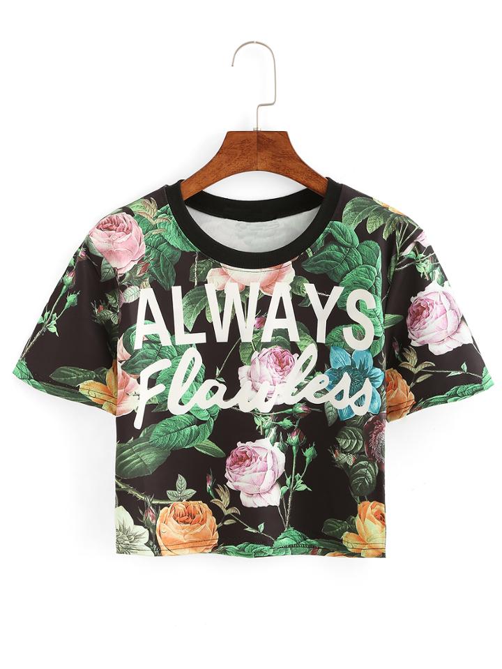 Shein Letter & Rose Print Crop T-shirt