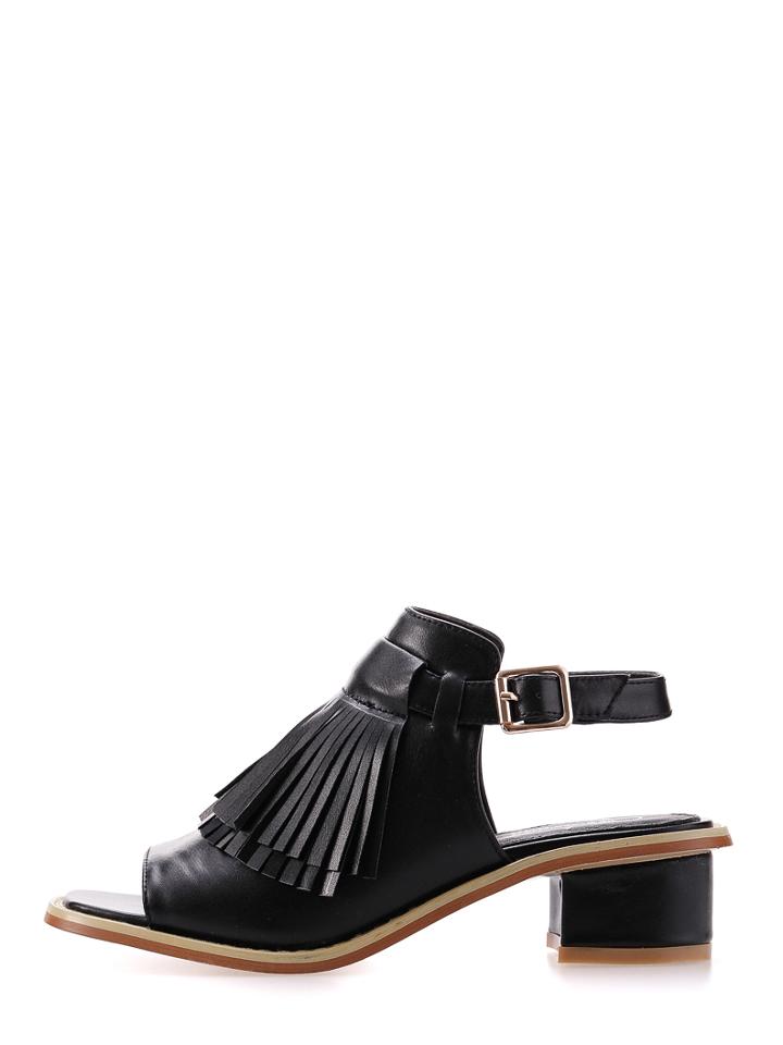 Shein Black Peep Toe Fringe Buckle Strap Chunky Sandals