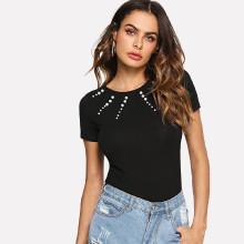 Shein Pearl Beading Fitted T-shirt