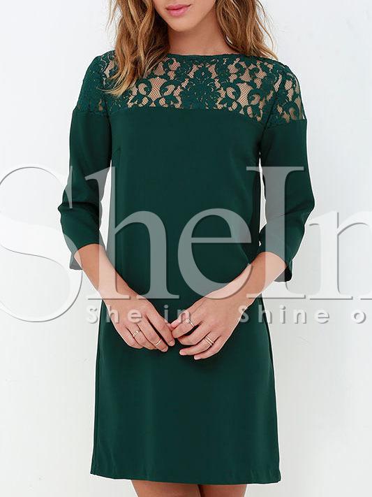 Shein Dark Green Round Neck With Lace Dress