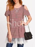 Shein White Red Striped Open Shoulder Lace Hem T-shirt