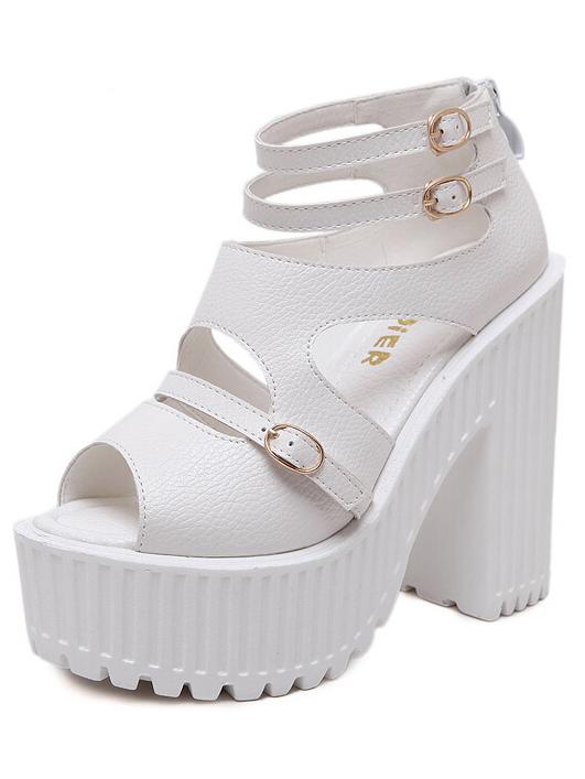 Shein Caged Platform Chunky Heel Buckle Ankle White Sandals
