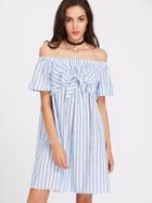 Shein Bow Tie Front Bell Sleeve Striped Bardot Dress